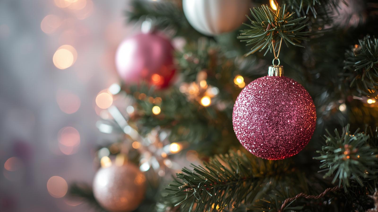 Albero di Natale con palline rosa glitterate