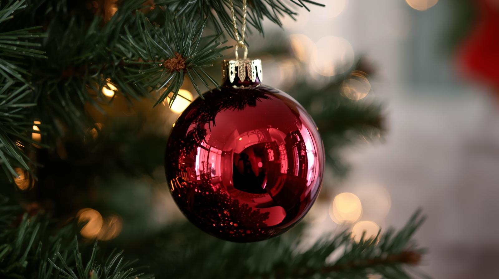 Pallina in vetro bordeaux su albero natalizio