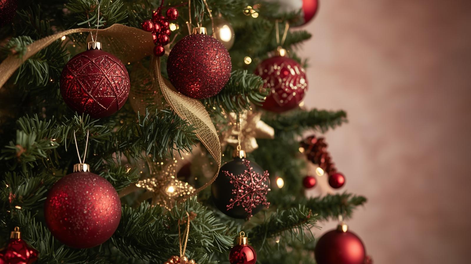 Albero di Natale con palline di Natale floccate bordeaux